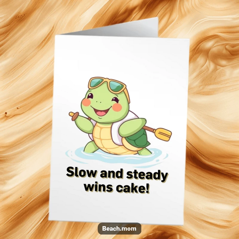 Funny Free Printable Birthday Card: Joyful turtle in floatie paddles enthusiastically, celebrating a birthday.