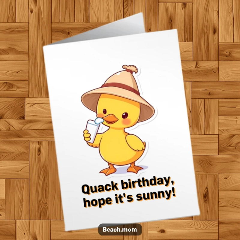 Funny Free Printable Birthday Card: A duck in a sun hat applies sunscreen to its nose, ready for a sunny celebration.