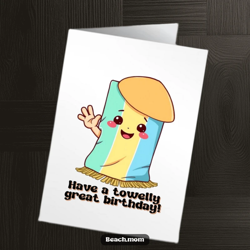 Funny Free Printable Birthday Card: A happy beach towel with a smiling face waves hello for a birthday.