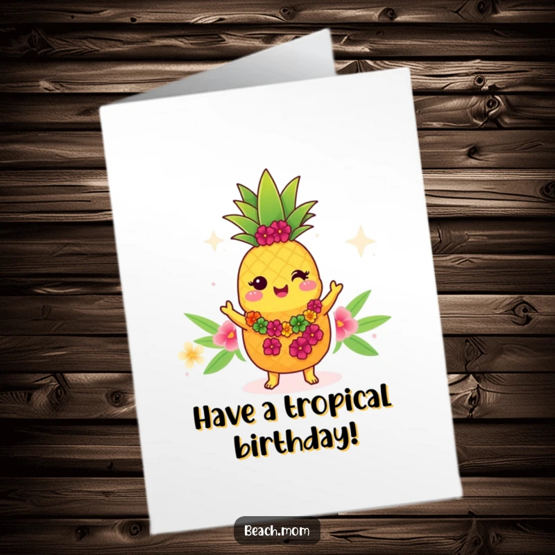 Funny Free Printable Birthday Card: A cute Kawaii pineapple wearing a lei does a hula dance.