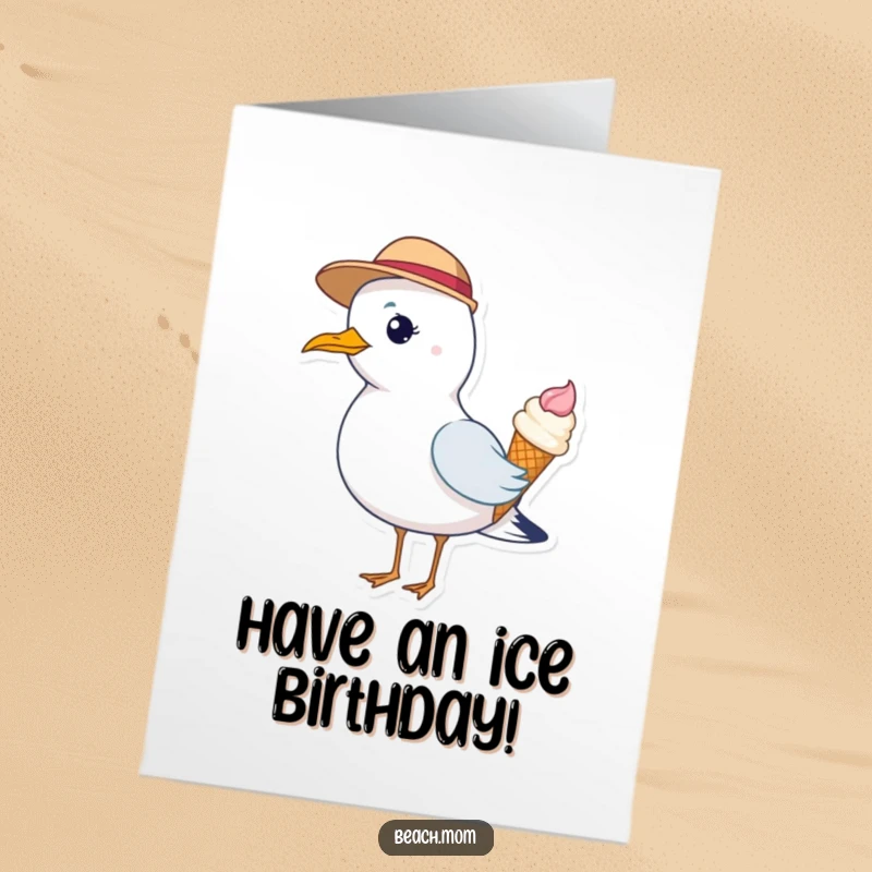 Funny Free Printable Birthday Card: A seagull wearing a tiny hat joyfully holds a melting ice cream cone, celebrating.