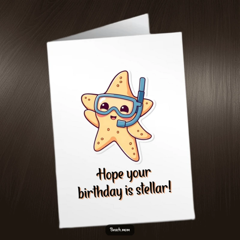 Funny Free Printable Birthday Card: A starfish wearing a snorkel dips its arm, celebrating a birthday underwater.