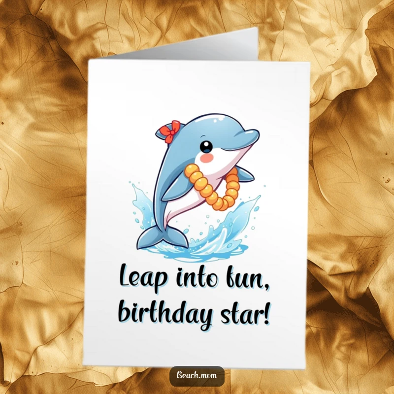 Funny Free Printable Birthday Card: Playful dolphin in lei leaps from sparkly water, ready to party.