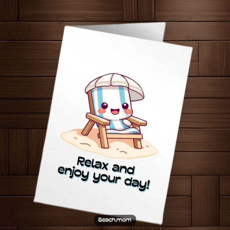 Funny Free Printable Birthday Card: A happy beach chair character sinks into soft sand, looking relaxed.
