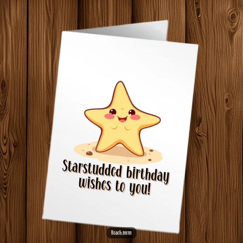Funny Free Printable Birthday Card featuring a smiling starfish character doing a cartwheel on the sandy beach.