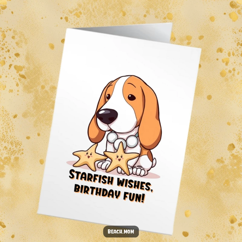 Funny Free Printable Birthday Card: Basset Hound with seashell necklace curiously inspecting a starfish