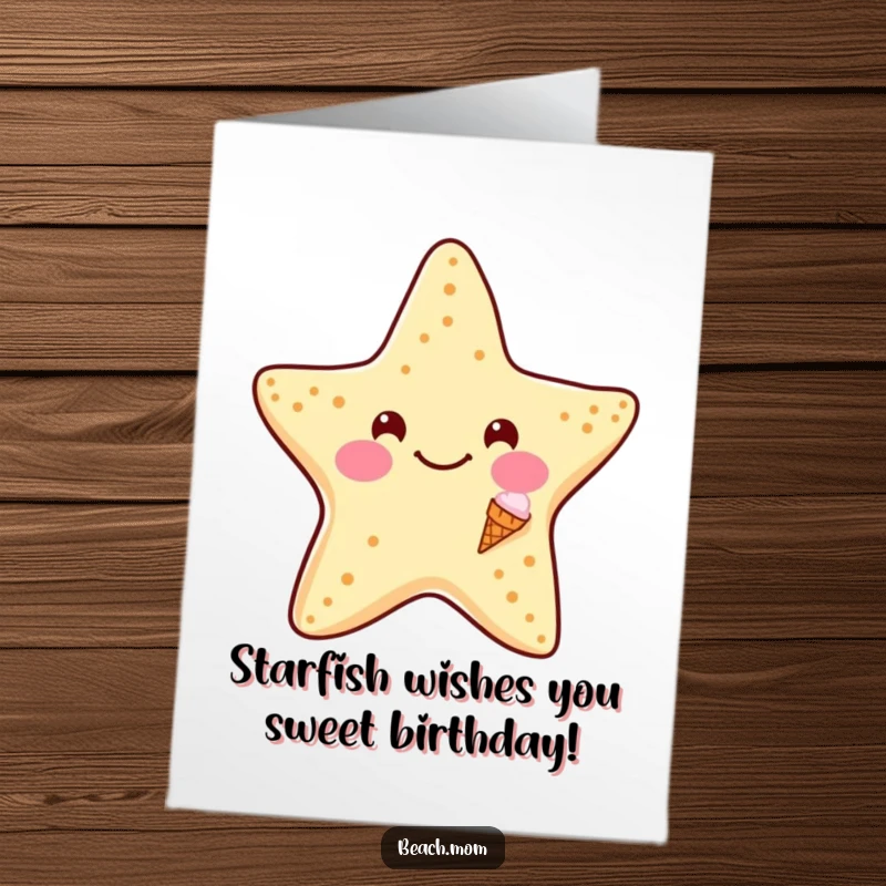 Funny Free Printable Birthday Card: A smiling starfish wearing a tiny ice cream cone, radiating pure birthday joy and sweetness.