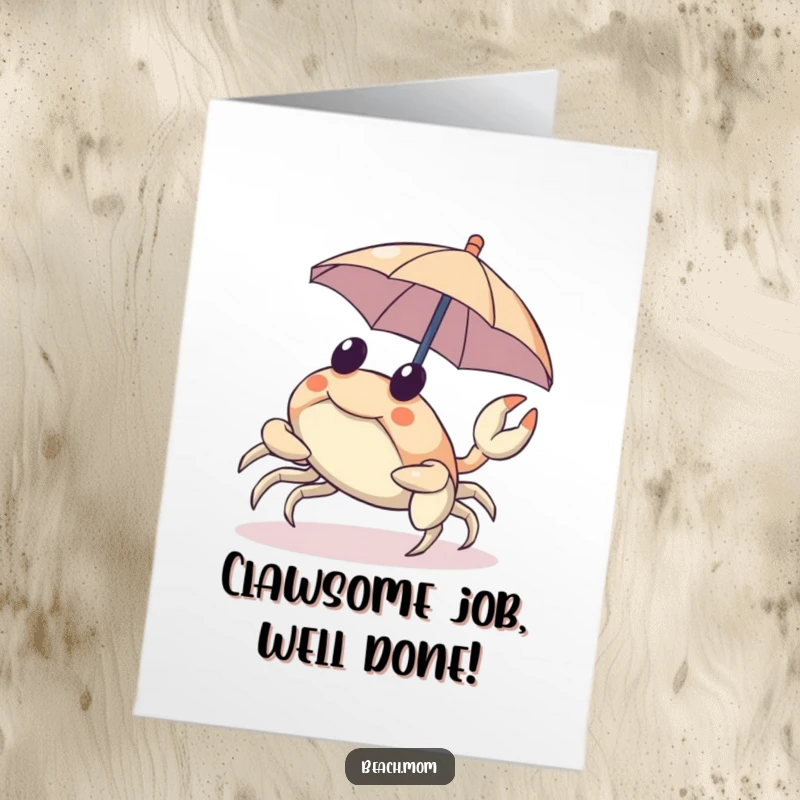 Free Printable Congratulations Card: A cheerful crab sideways scuttles, holding a tiny umbrella, celebrating a wonderful accomplishment.