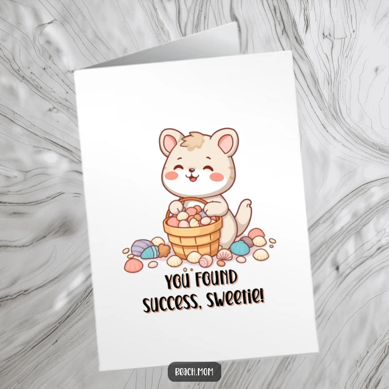 Funny Free Printable congratulations card: an animal character smiles with a full bucket of seashells, celebrating a wonderful achievement.