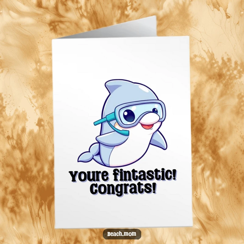 Funny Free Printable Congratulations Card: Dolphin in a snorkel mask waving, celebrating success with an enthusiastic underwater greeting.