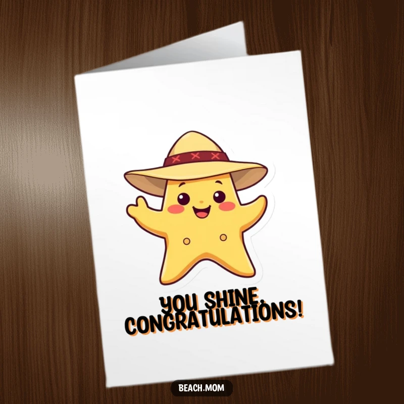 Funny Free Printable Congratulations Card: A smiling starfish wearing a sun hat waves enthusiastically, sharing joy.