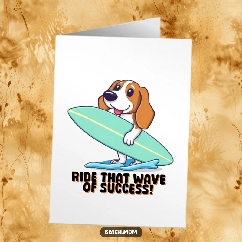 Funny Free Printable Congrats Card: Basset Hound holding a surfboard, looking excited to paddle