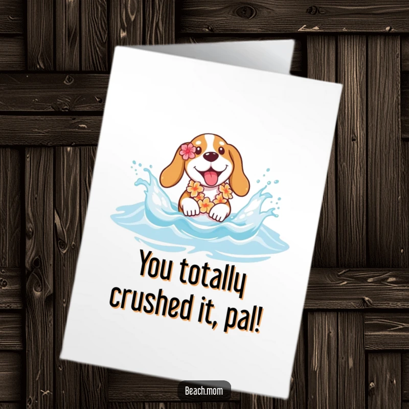 Funny Free Printable Congratulations Card: Basset Hound wearing lei joyfully splashing in gentle waves, celebrating success.