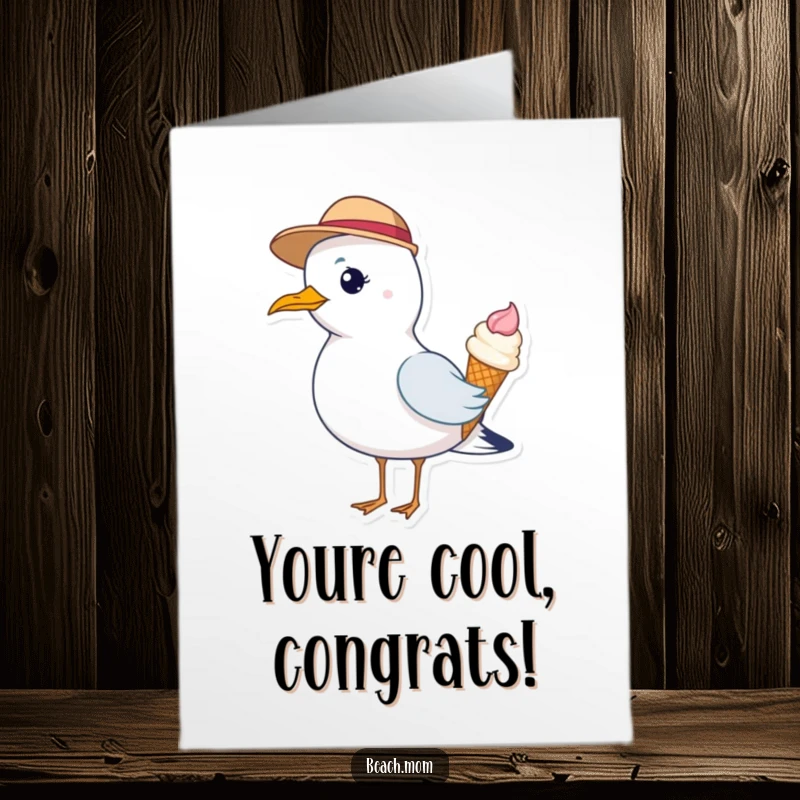 Free Printable Congratulations Card: A seagull sporting a small hat enjoys an ice cream cone, celebrating a happy occasion.