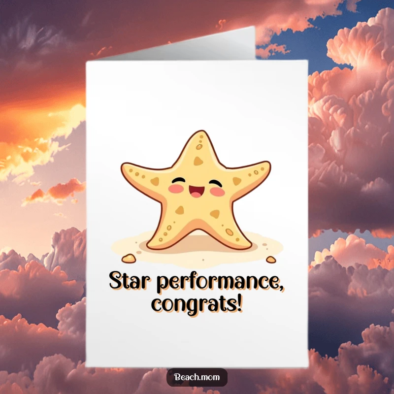 Free Printable Congratulations Card: A delighted starfish wiggles its arms on the beach, celebrating a happy achievement.