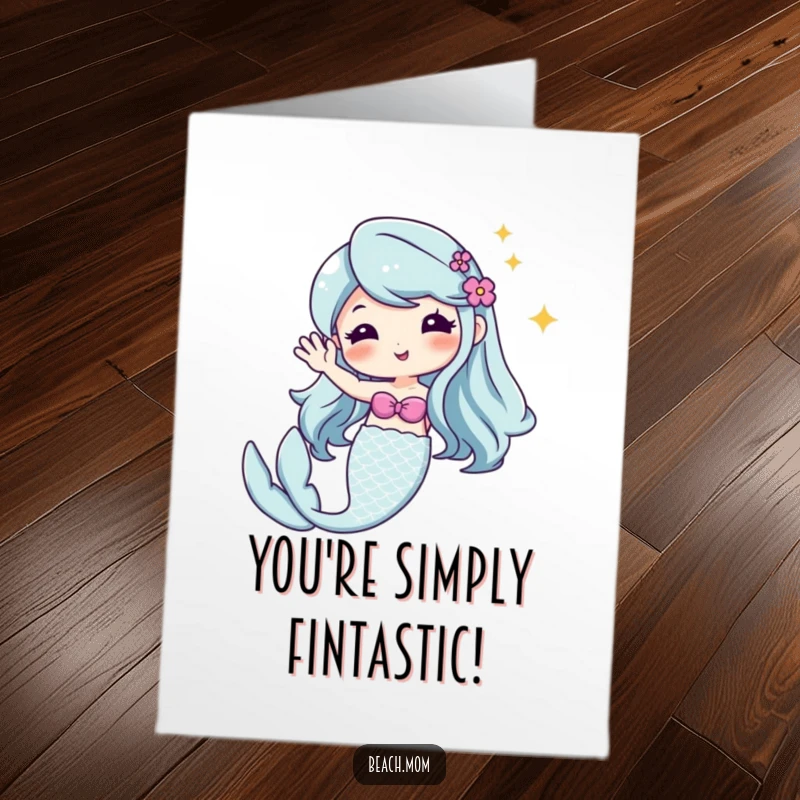 Funny Free Printable Congratulations Card featuring a cute Kawaii mermaid with a shimmering tail waving a cheerful hello.