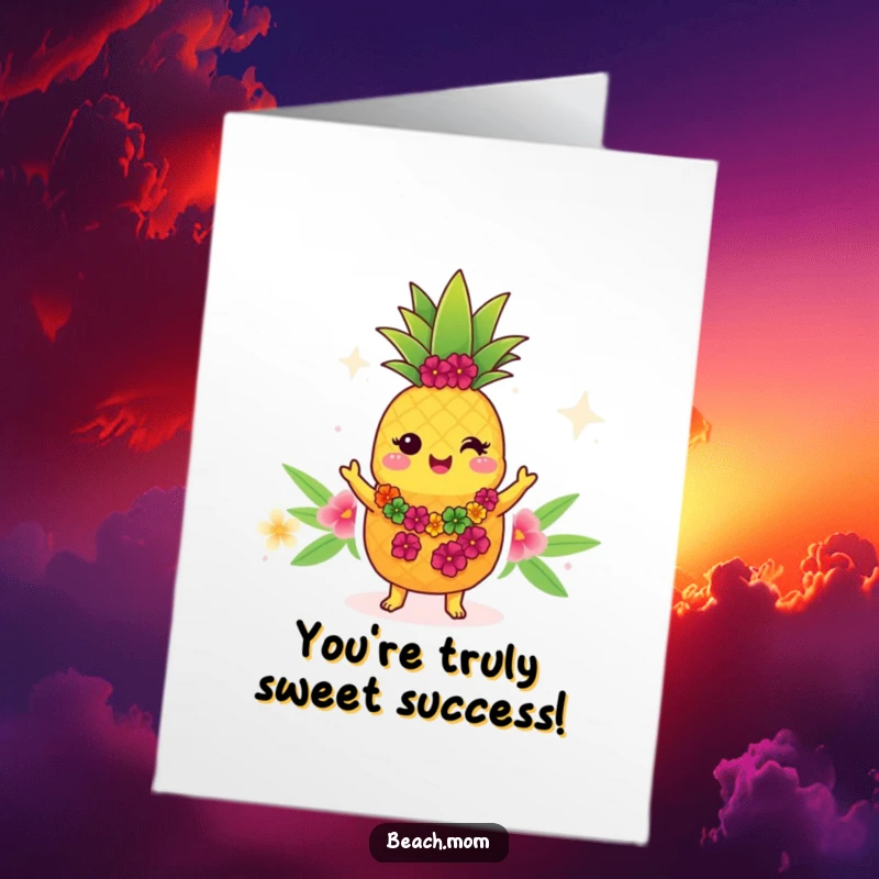 Funny Free Printable Congratulations Card featuring a cute Kawaii pineapple in a lei hula dancing with joy.