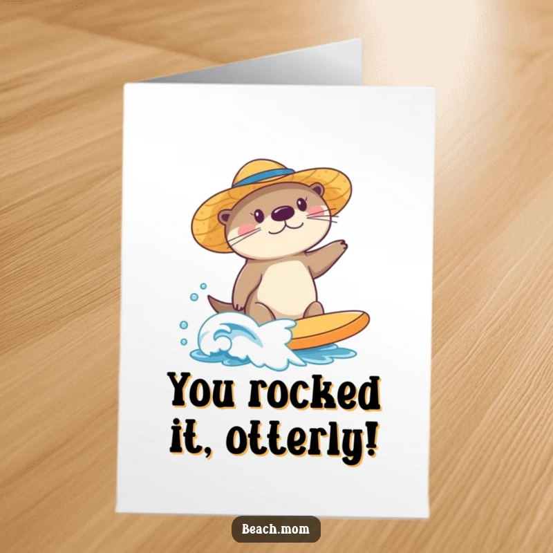 Funny Free Printable Congrats Card: Cute sea otter wearing a sun hat, expertly surfing a small wave, pure joy.