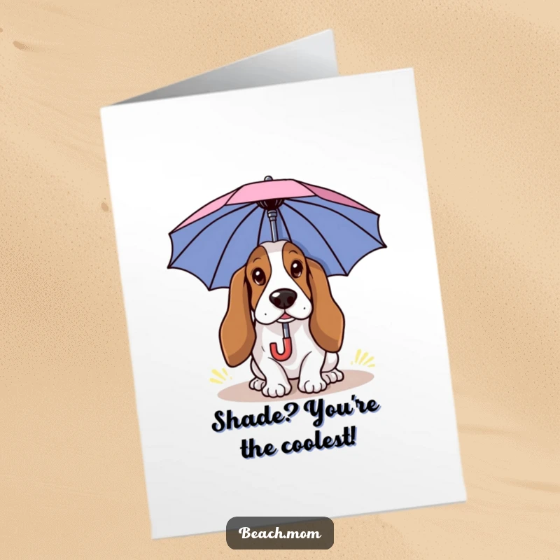 Funny Free Printable Congrats Card: Basset hound relaxes under a small umbrella, celebrating a sunny win.