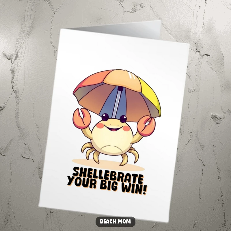 Funny Free Printable Congratulations Card: A happy crab carries a colorful beach umbrella, ready to celebrate achievements.