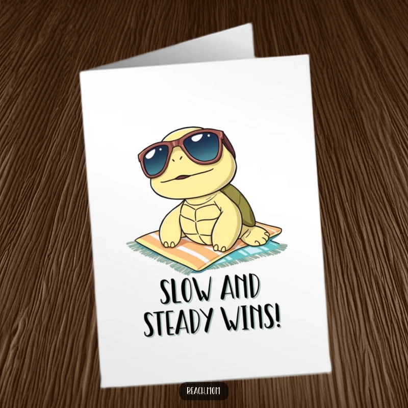Funny Free Printable Congratulations Card showing a shaded turtle in sunglasses relaxing on a towel, perfect for chill celebrations.