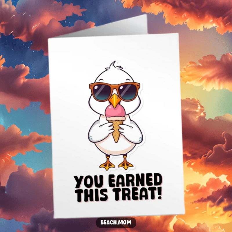 Funny Free Printable Congratulations Card: A seagull wearing sunglasses, happily eating an ice cream cone.