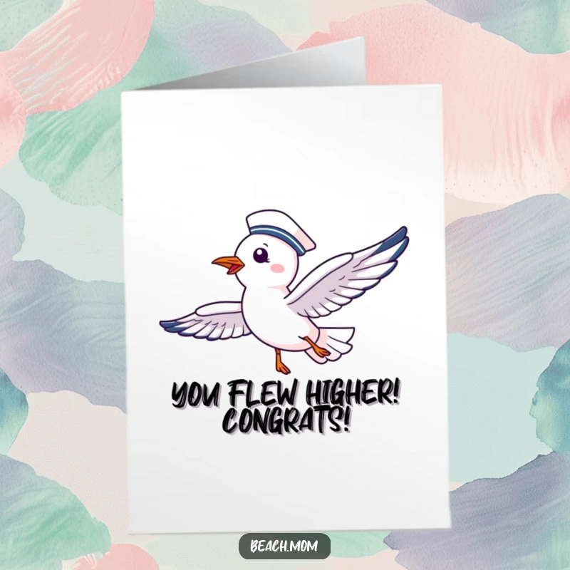 Funny Free Printable Congratulations Card: A cheerful seagull wearing a sailor hat flies joyfully with outstretched wings.