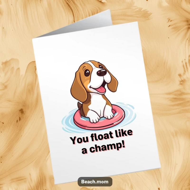 Funny Free Printable Congratulations Card: Basset Hound wearing small floaties excitedly paddling in water, celebrating a win.