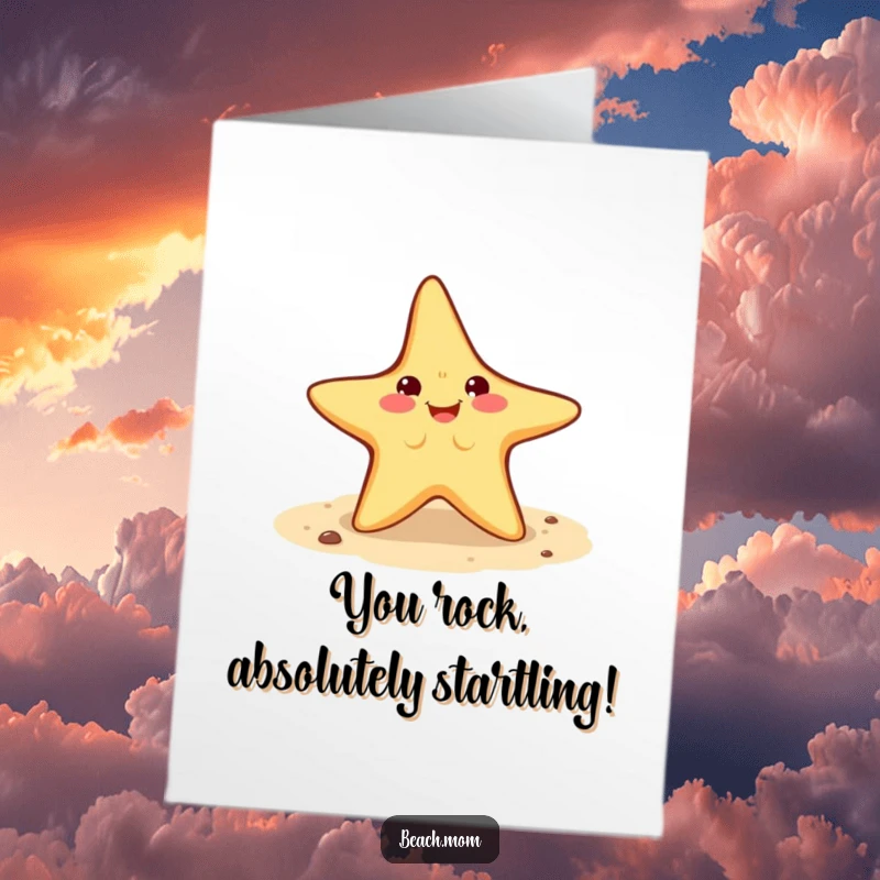 Funny Free Printable Congratulations Card showing a smiling starfish character performing a cartwheel on the sand.