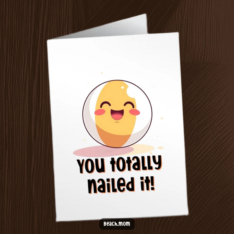 Funny Free Printable Congratulations Card: Smiling beach ball joyfully bounces on sand, celebrating success.