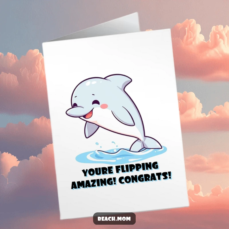 Funny Free Printable Congrats Card: A grinning dolphin leaps spectacularly out of the ocean waves.