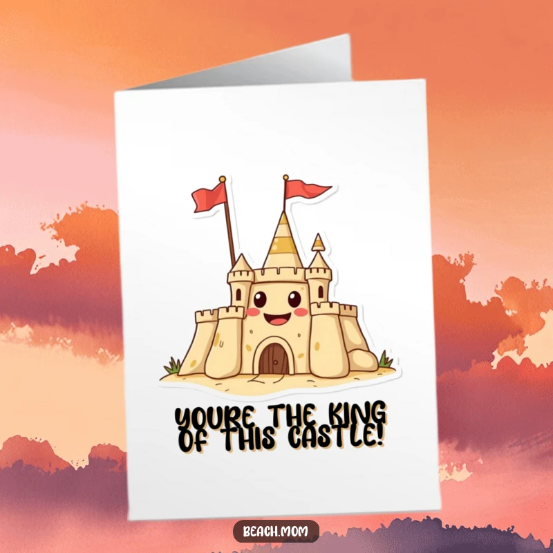 Funny Free Printable Congrats Card: Sandcastle with a grinning face waving a flag, celebrating victory. Hilarious downloadable.