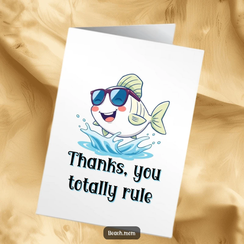 Funny Free Printable Thank You Card - A smiling fish wearing sunglasses, splashing happily in a small ocean wave.