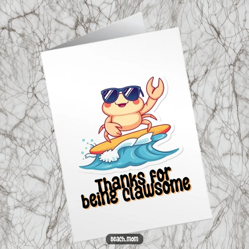 Funny Free Printable Thank You Card: A cute crab wearing sunglasses, surfing on a tiny wave, sending cool, breezy thanks.