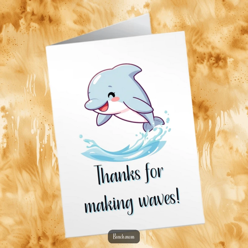 Funny Free Printable Thank You Card: A smiling dolphin leaps playfully through ocean waves, offering thanks.