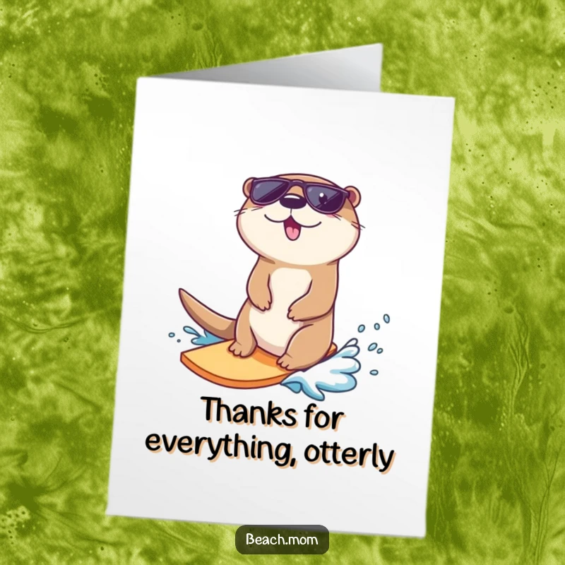 Funny free printable thank you card showing a happy otter wearing sunglasses, surfing a small wave with a cool, appreciative grin.