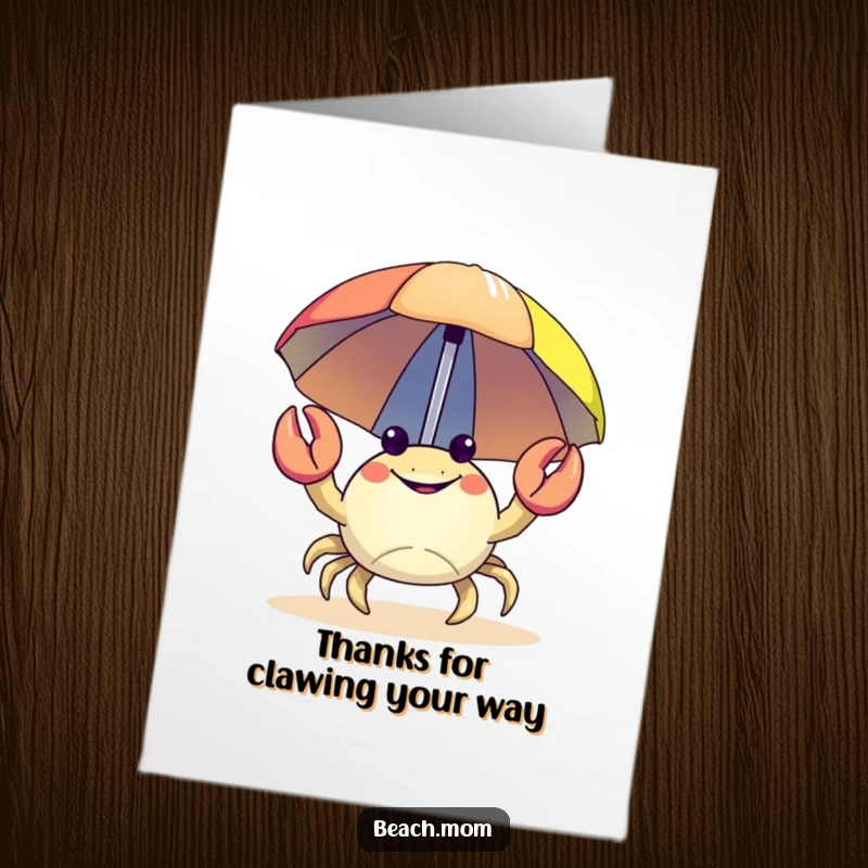 Funny Free Printable Thank You Card: A happy crab carries a colorful beach umbrella, offering thanks with a smile.