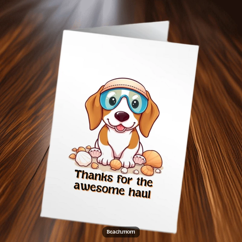 Funny Free Printable Thank You Card: A Basset hound wearing a visor happily picks up seashells on the shore.