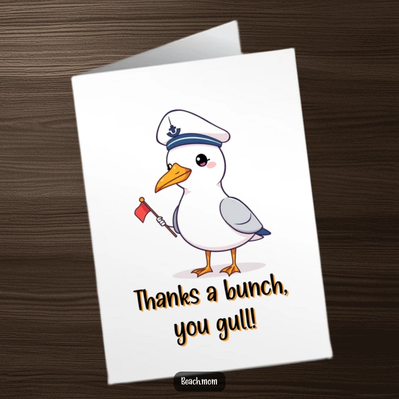 Funny Free Printable Thank You Card: A seagull wearing a sailor hat and holding a small flag offers thanks.