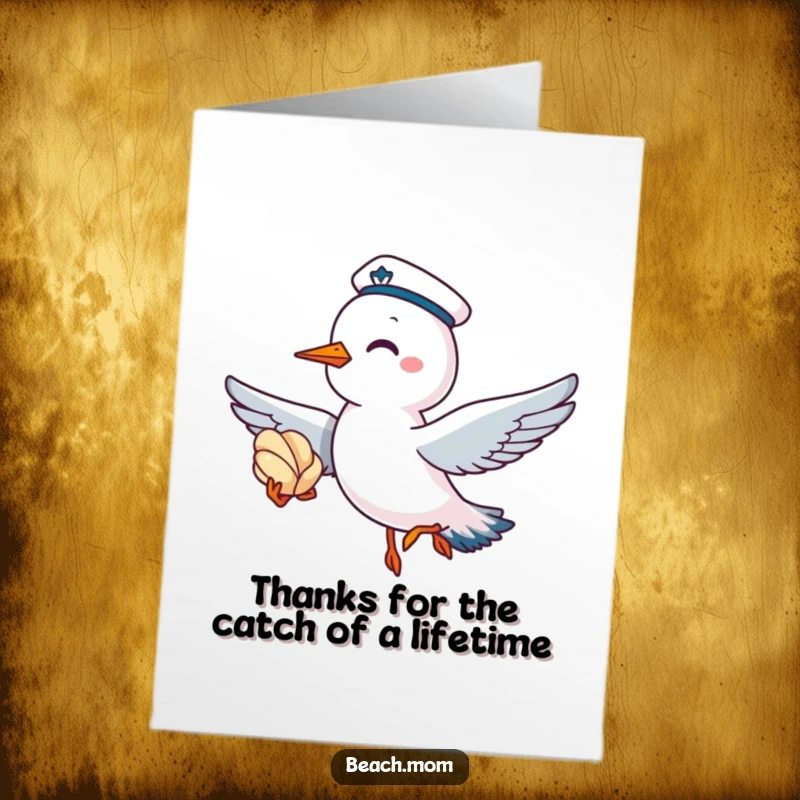 Funny Free Printable Thank You Card: A giggling seagull wearing a sailor cap flies with a seashell, sending thanks.