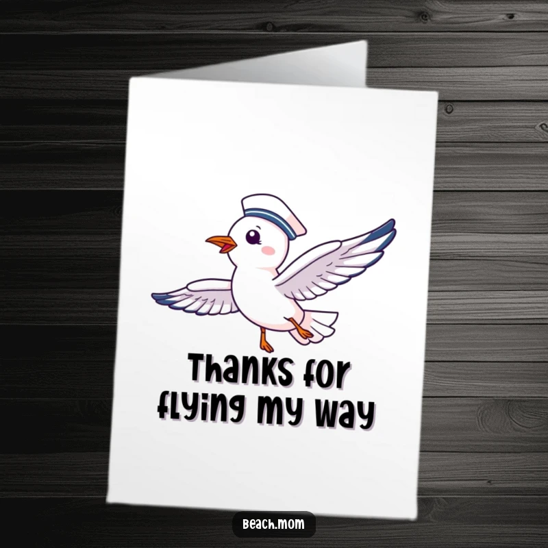 Funny Free Printable Thank You Card: A seagull dons a sailor hat and glides happily through the air.