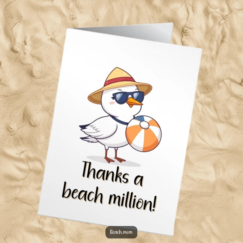 Funny free printable thank you card: A cool seagull in a sun hat and shades carries a beach ball, saying thanks with style.