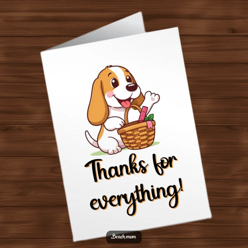 Funny free printable thank you card of a generous Basset Hound with a picnic basket, making a happy offering.