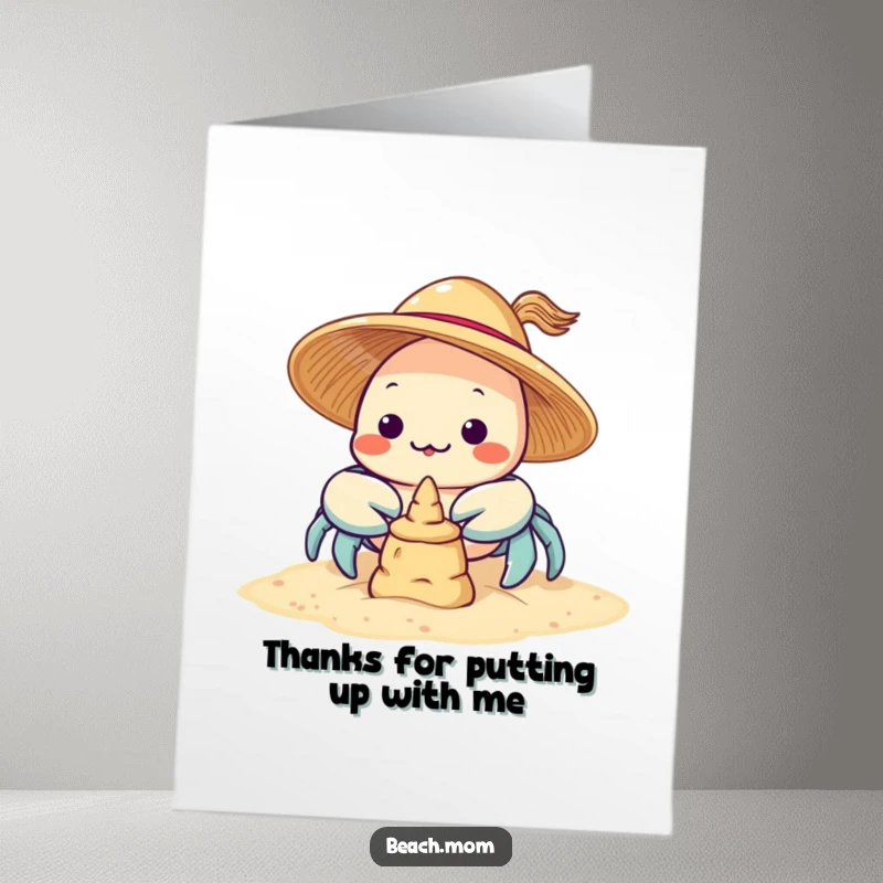 Funny Free Printable Thank You Card featuring a Kawaii crab with a sun hat working on a sandcastle.