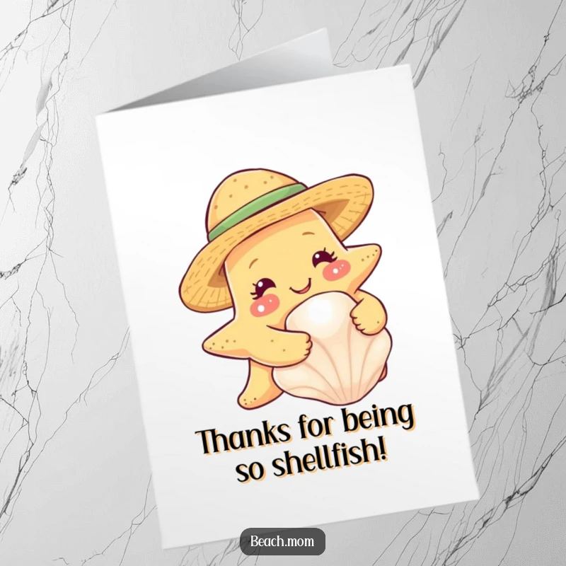 Funny free printable thank you card: A smiling starfish wearing a straw hat gives a loving hug to a seashell, expressing thanks.