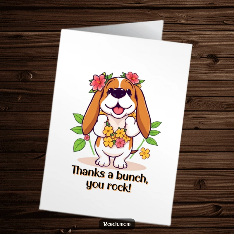 Funny Free Printable Thank You Card: A Basset Hound wearing a lei awkwardly tries to hula dance.