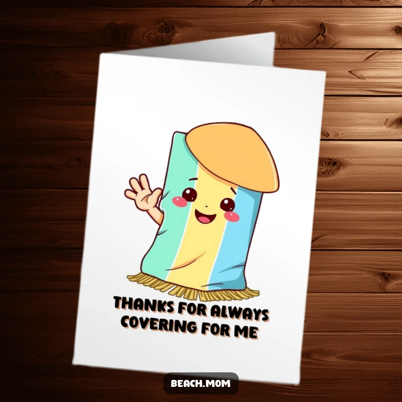 Funny Free Printable Thank You Card: A happy beach towel with a smiley face waves hello, showing gratitude.