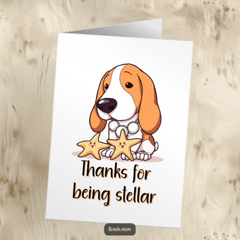 Funny Free Printable Thank You Card: Basset Hound with seashell necklace curiously inspecting a starfish