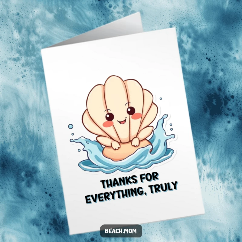 Funny Free Printable Thank You Card showcasing a cheerful seashell character splashing gleefully in the ocean waves.