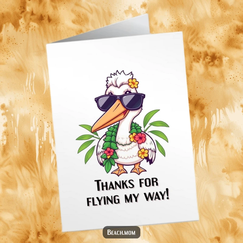 Funny Free Printable Thank You Card: Pelican with shades and lei smiling, sending thanks. Cool and downloadable.